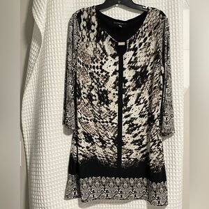 Style & Co. Women’s Size L Black Cream Floral Midi Flare Dress 3/4 Sleeve.